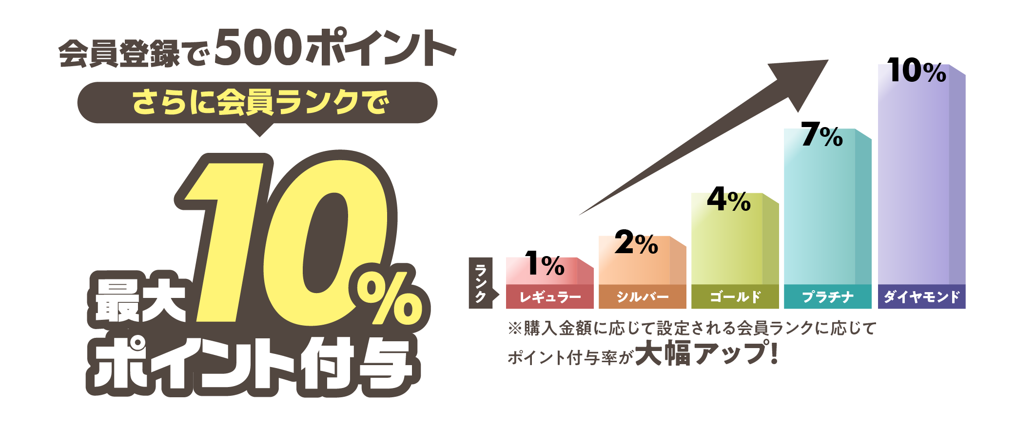 会員登録で500ポイントさらに会員ランクで最大10%ポイント付与 購入金額に応じて設定される会員ランクに応じてポイント付与率が大幅アップ！