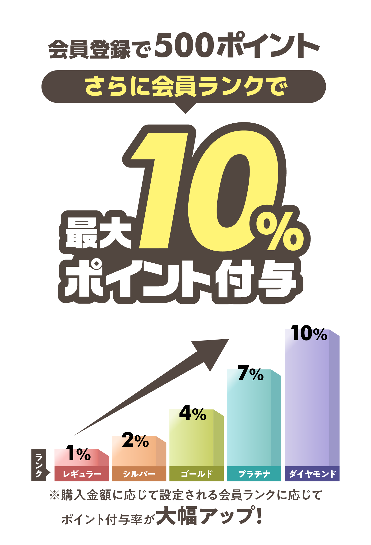 会員登録で500ポイントさらに会員ランクで最大10%ポイント付与 購入金額に応じて設定される会員ランクに応じてポイント付与率が大幅アップ！